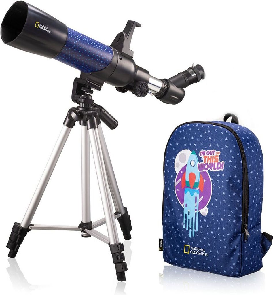 A National Geographic telescope and a backpack are displayed against a white background.