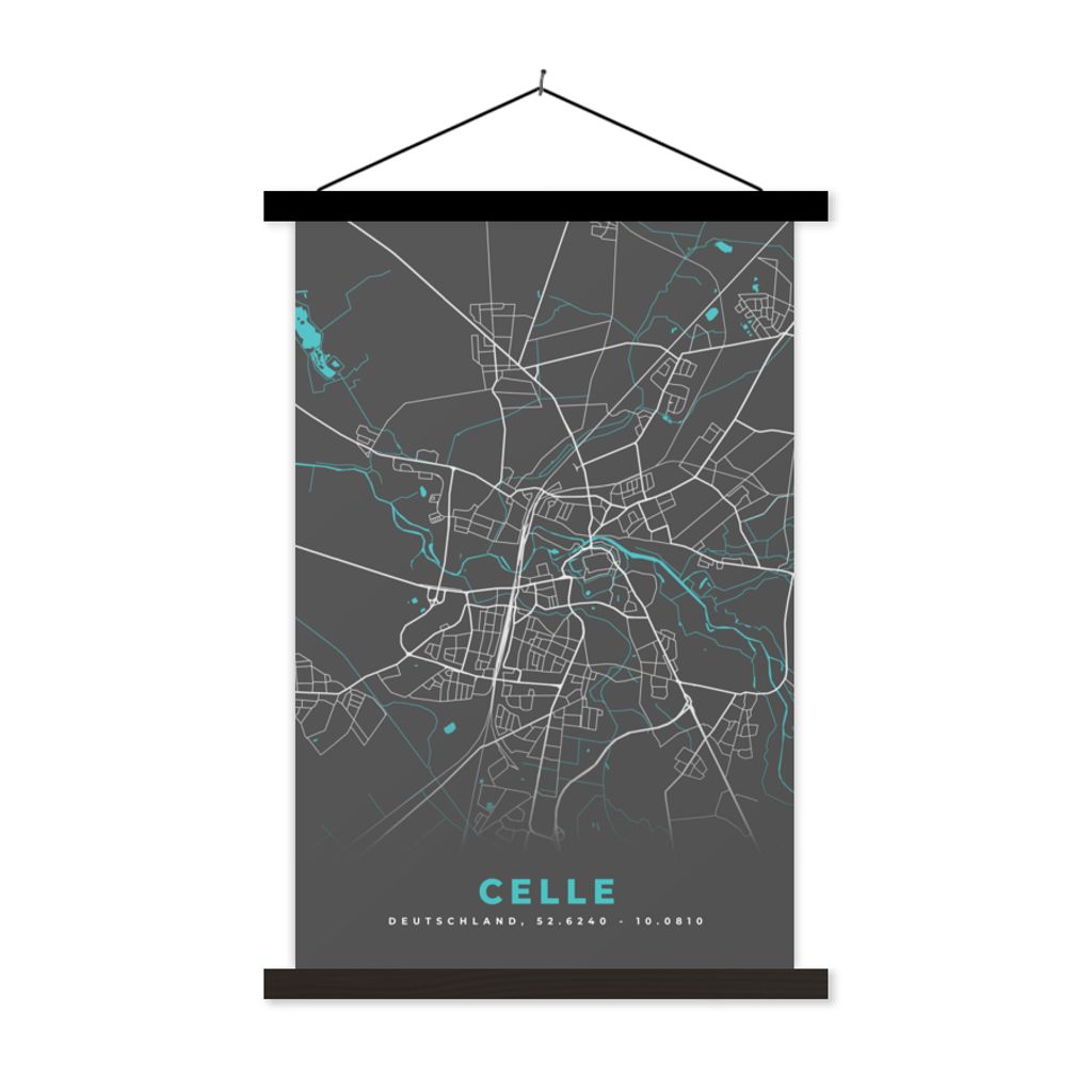 MuchoWow Textilposter Blau - Deutschland - Karte - Stadtplan - Celle 120x180 cm mit schwarzem Rahmen - Fotos