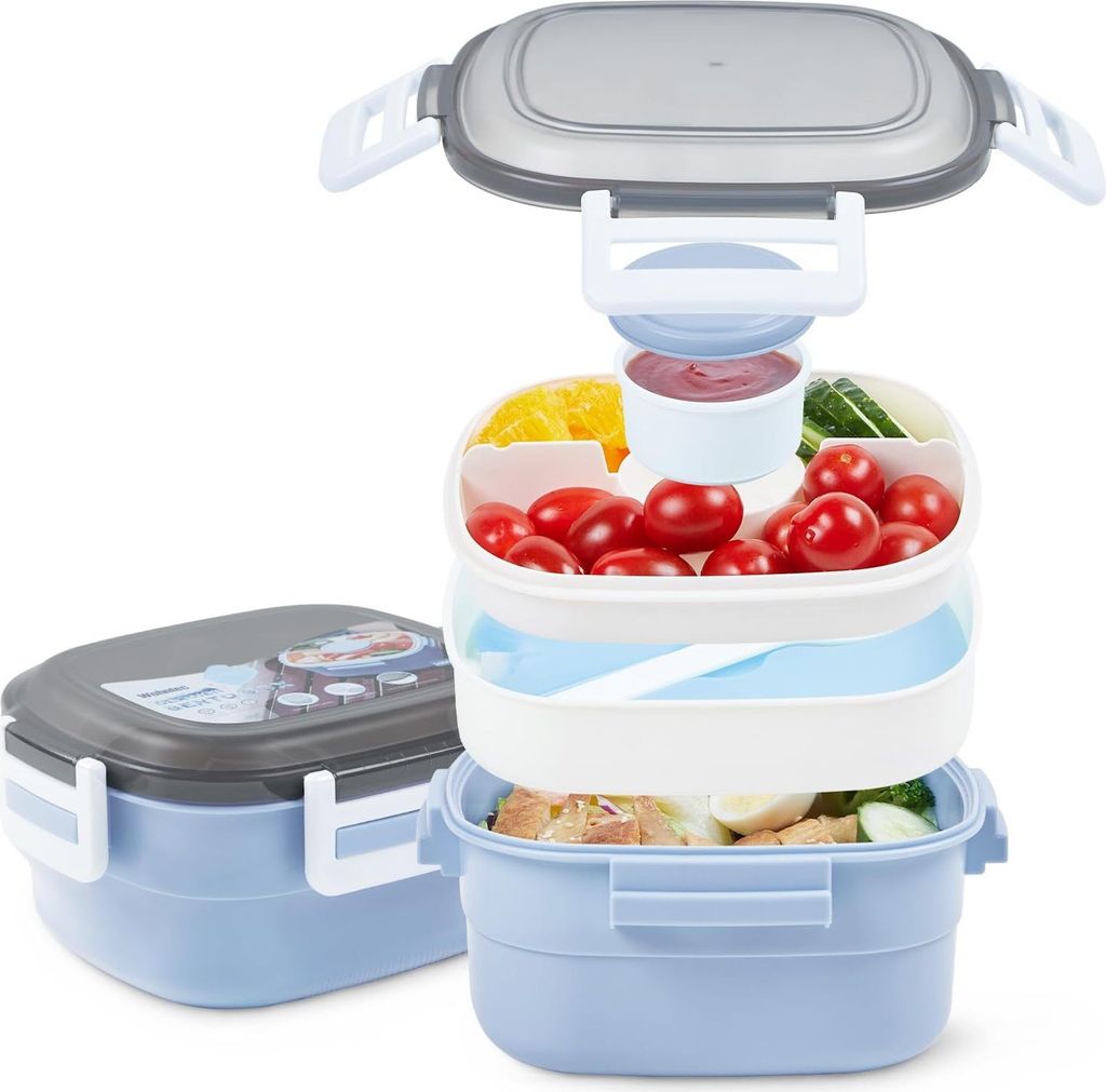 Wohntec Salatbehälter Bento Box, 1600 ML Salatbox für Erwachsene Kinder mit Kühlakku, Göffel und Dressingbehälter, 4 Fächern Lunchbox,Blau