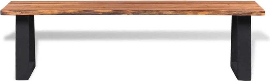 A product shot of a wooden bench with black legs on a white background.