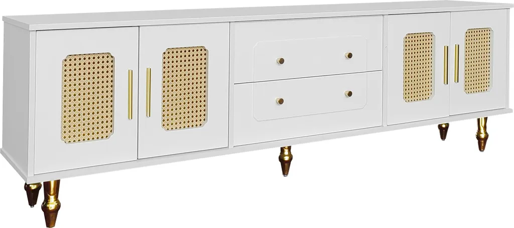 Banc TV Blanc 177 cm Style Scandinave avec Porte en Rotin et Tiroirs