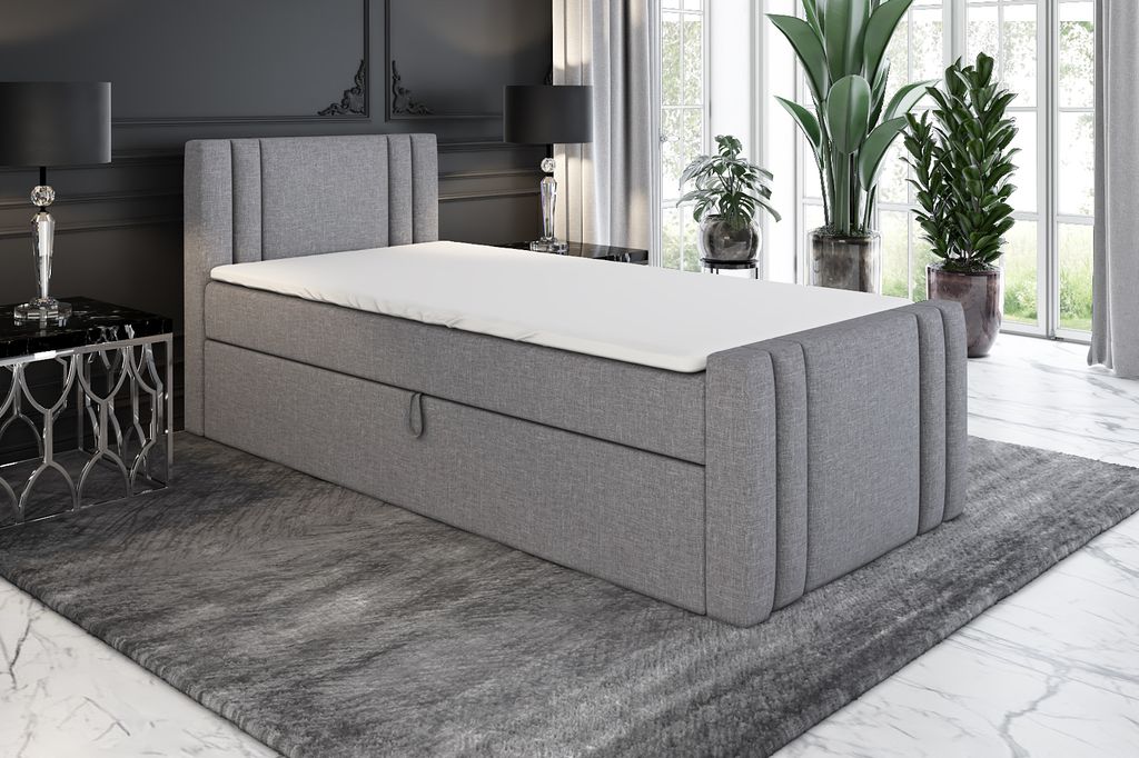 Boxspringbett, Jugendbett KLAUS 100x200 (Rechts) mit Bettkästen, Bonell-Matratze und Topper. Farbe: Grau
