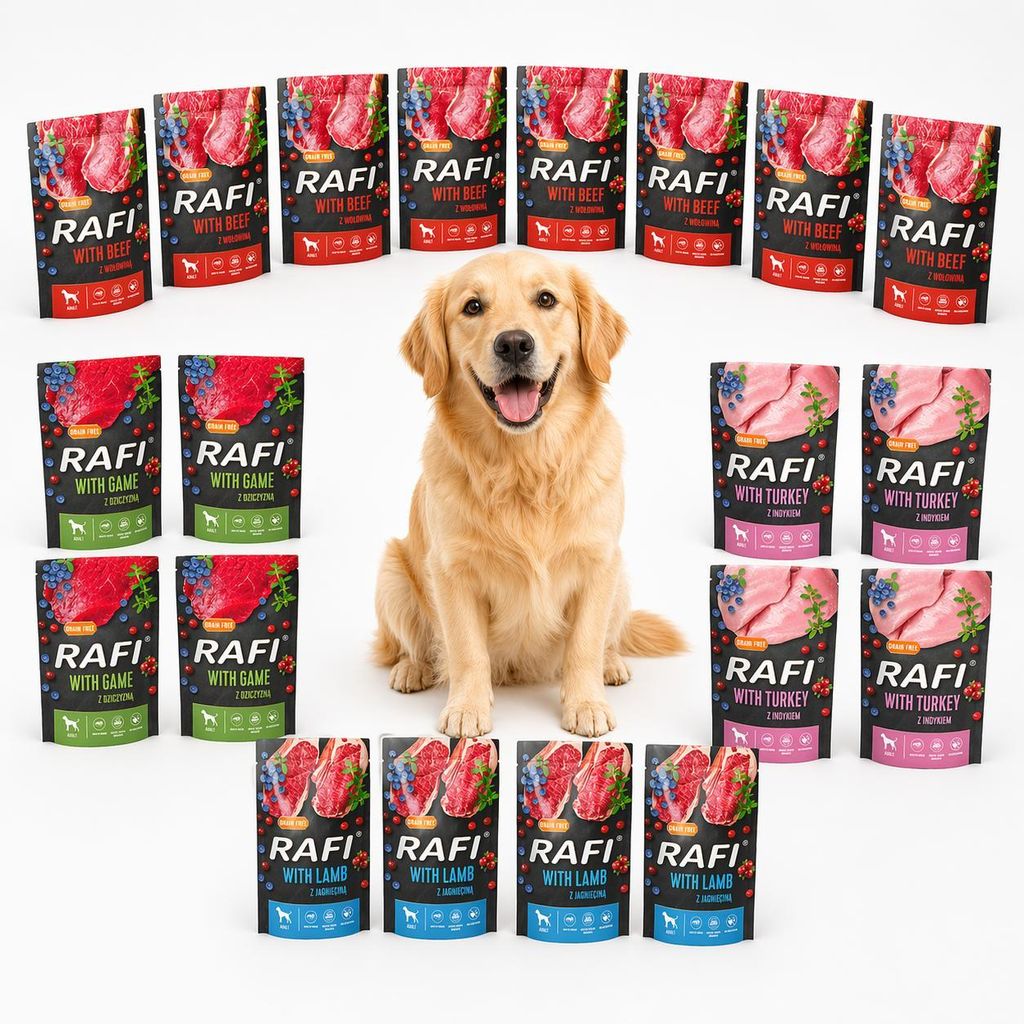 RAFI Dolina Noteci Nassfutter für Hunde 20x500 g Set MIX DER GESCHMACKSRICHTUNGEN 10 kg, 4x Wild, 4x Lamm, 4x Pute, 8x Rind | Hunde-Nassfutter