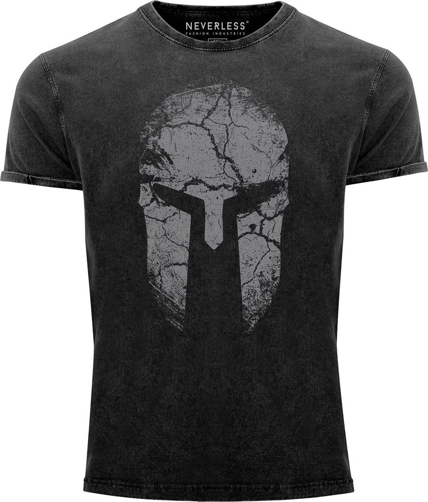 Herren Vintage Shirt Aufdruck Sparta Helm Spartan Warrior Printshirt T-Shirt Used Look Slim Fit Neverless schwarz 3XL