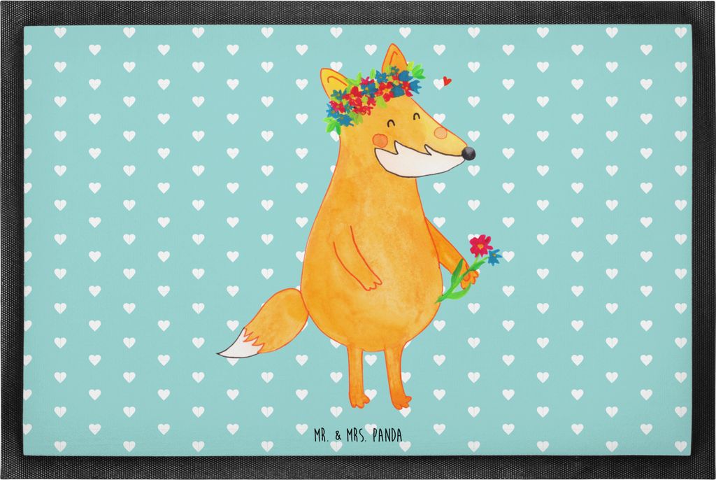 Mr. & Mrs. Panda Schmutzmatte Fuchs Blumen 60 x 90 cm - Türkis Pastell - Geschenk, Schmutzfangmatte, Fußabtreter, Fussmatte, Abtreter, Mich, Fuch...