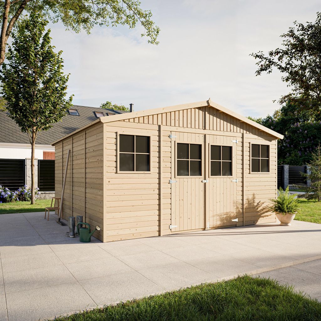 A wooden garden shed with windows and double doors, situated on a paved area with grass and trees in the background.