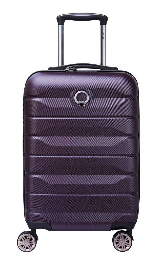 A studio shot of a purple Delsey Paris cabin trolley.