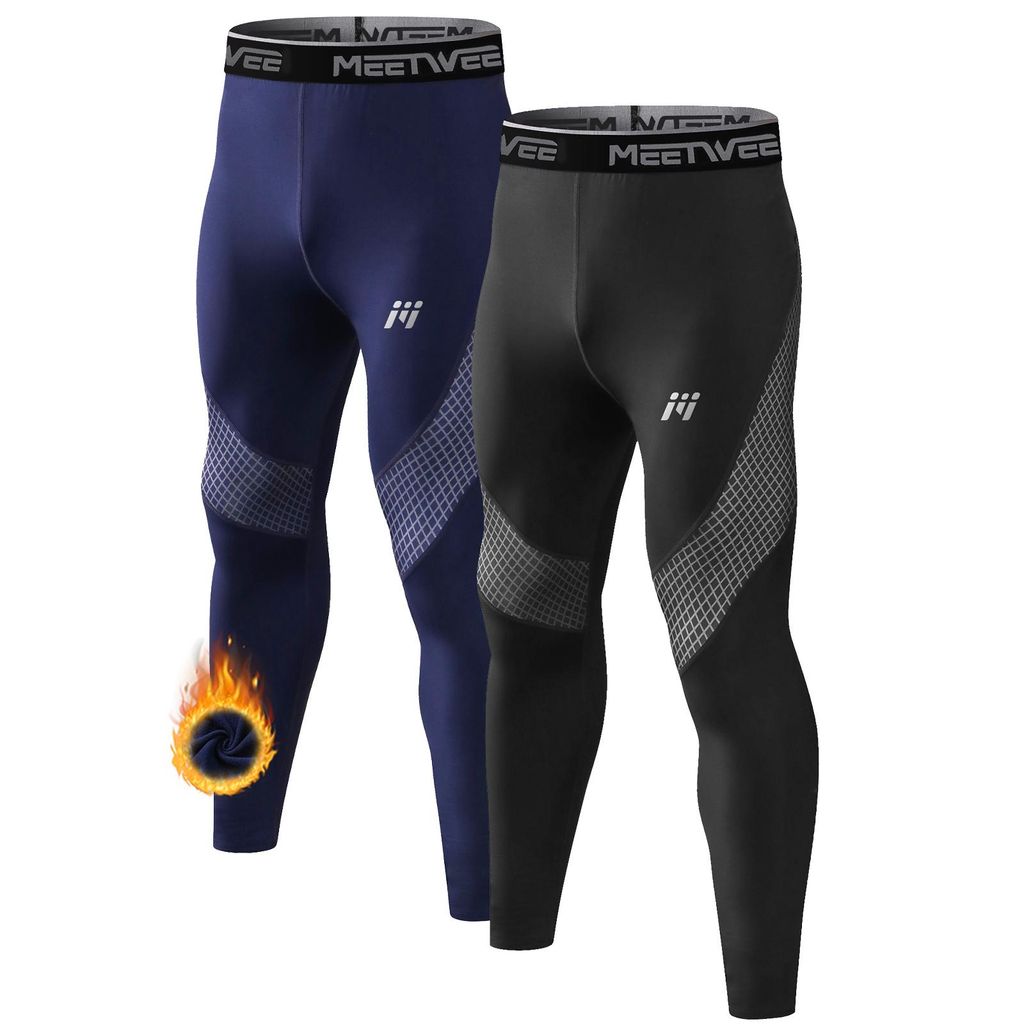 Lange Unterhose Herren 2er Innenfleece Thermo-Unterhose Männer Skiunterwäsche Thermounterwäsche Funktionsunterwäsche -Schwarz/Blau-S