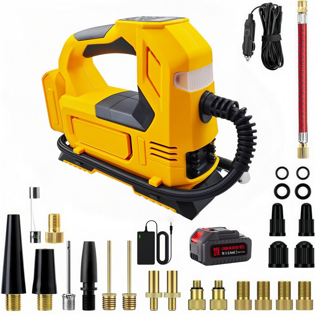Elektrische Luftpumpe, mit 21V Akku und Ladegerät, 150 PSI, Wiederaufladbare, Tragbarer Akku-Kompressor mit LED-Leuchte und Digitalem Manometer,...
