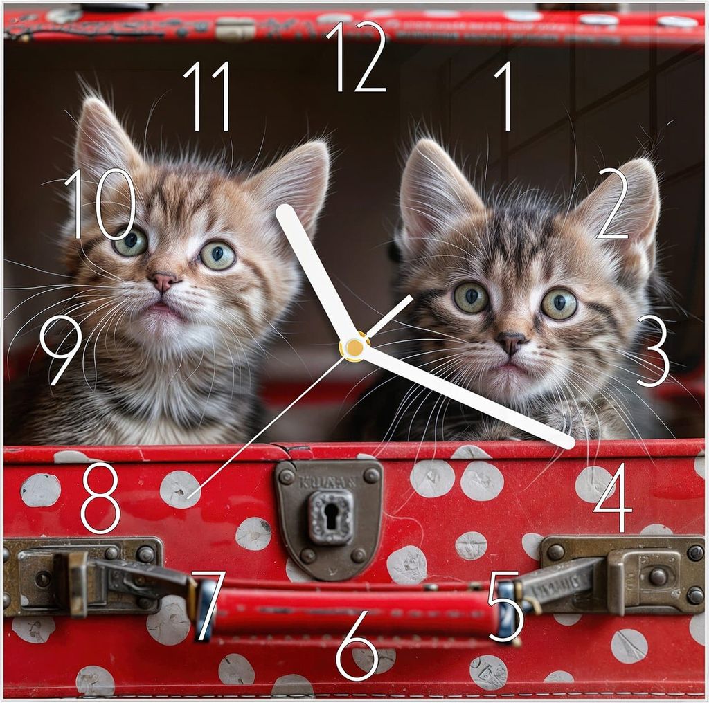 Wanduhr aus Glas mit Motiv Katzen im Koffer- 30 x 30 cm - inkl. Aufhängesystem