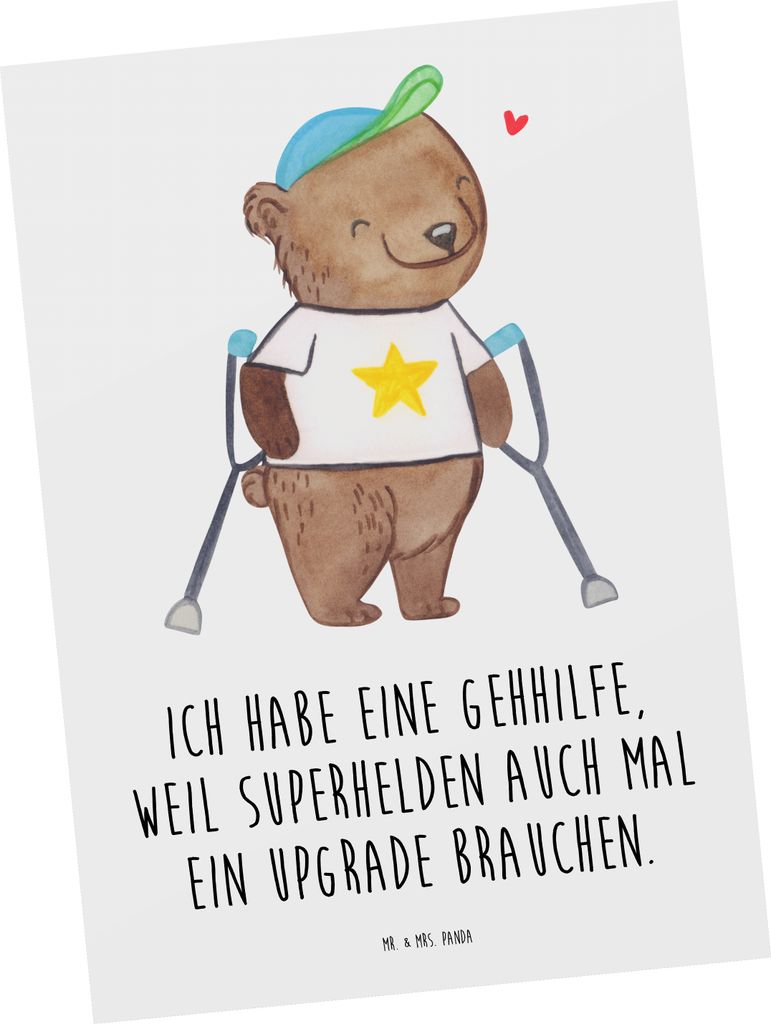 Mr. & Mrs. Panda Postkarte Bär Gehhilfen - Weiß - Geschenk, Ansichtskarten, Postkarten, Ansichtskarte, Grußkarte, Krücken, Gehhilfe, bildkarte