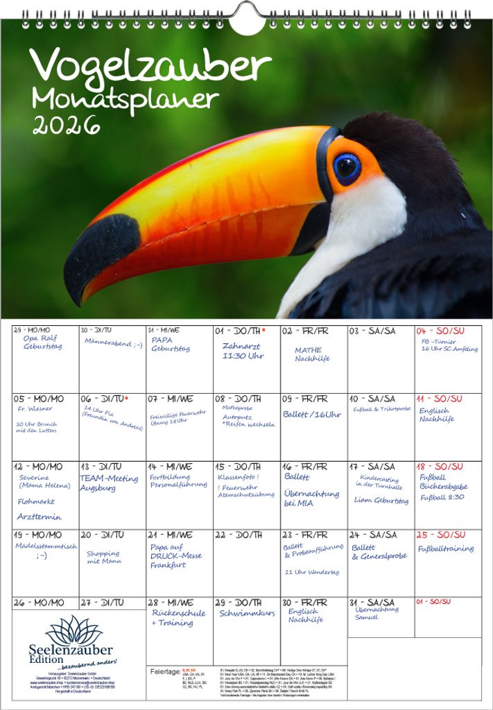 Vogelzauber Planer DIN A3 Kalender für 2026 Vogel - Seelenzauber