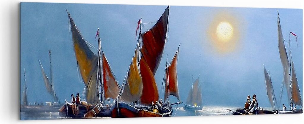 Bild auf Leinwand - Leinwandbild - Boote Sonne Fischer Angeln - 140x50cm - Wand Bild - Wanddeko - Leinwanddruck - Bilder - Kunstdruck - Wanddekorat...