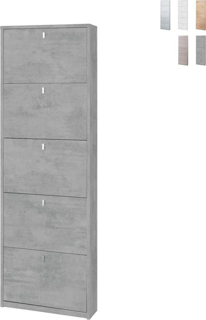Moderne schmale Schuhkommode für den Eingangsbereich, 5 Klappen, 12 Paar Schuhe, Lita - Grau