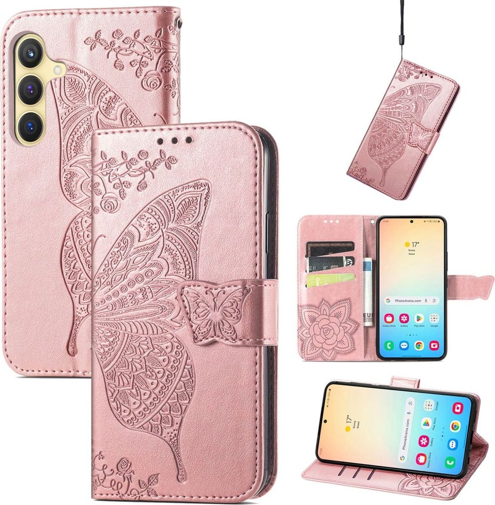 Für Samsung Galaxy S25 5G Kunstleder Wallet Handy Tasche Schmetterling Design Hülle Etuis Rosa