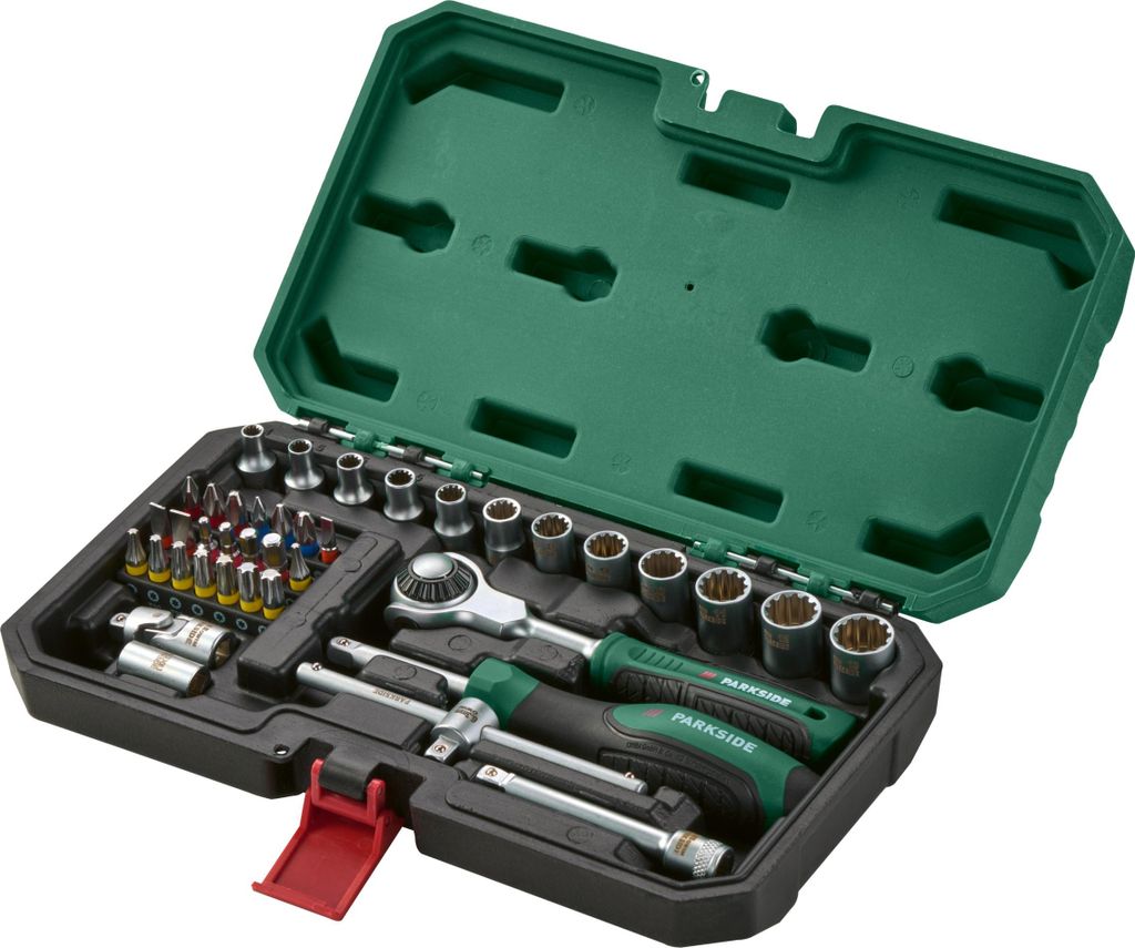 A tool kit with various sockets and bits laid out in a black and green case.