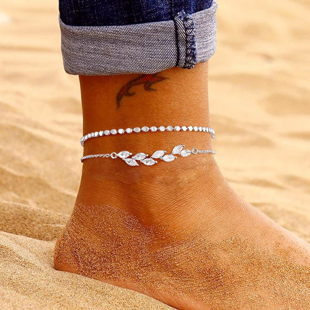 Boho Damen Fußkettchen in Silber – Doppellagiger Sommer-Fußschmuck mit edlem Blätterdesign, perfekt für Strand & Urlaub, J0675