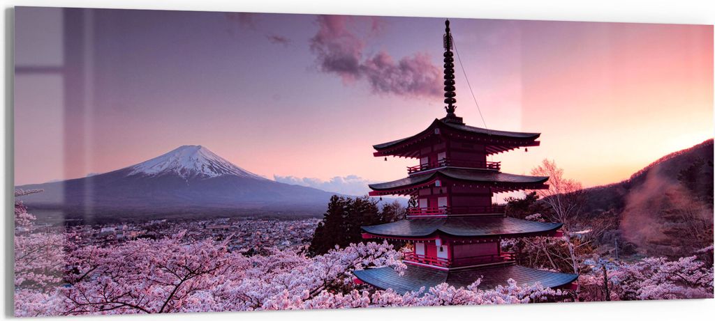 DEQORI Glasbild Echtglas 125x50 cm 'Kirschblüten Tempel Japan' Wandbild Bild modern Deko