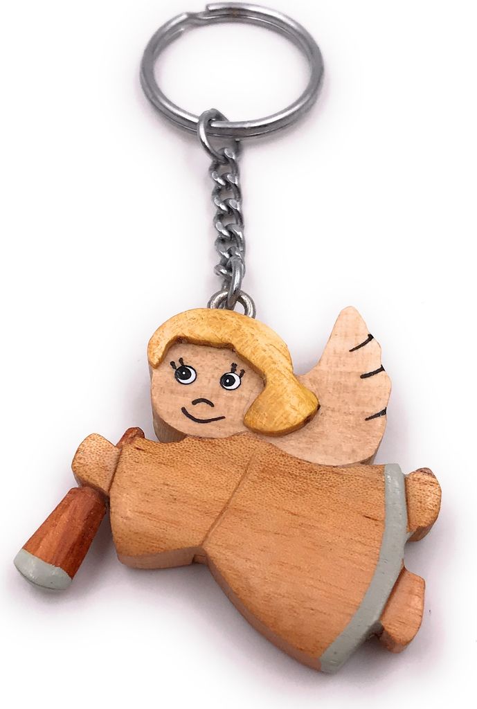 Onwomania Handmade Holz Schlüsselanhänger Engel Himmelsbote mit Trompete Musik