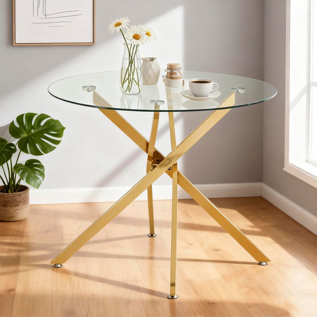 MODFU Esstisch Beistelltisch Kreuzförmiger Sockel moderner minimalistischer Esstisch Couchtisch mit Platte aus gehärtetem Glas Gold