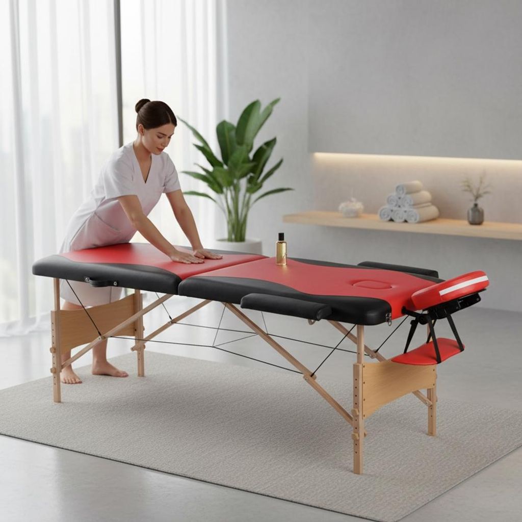 Massageliege 2 Zonen Holz Rot/Schwarz Therapiebank Kosmetiktisch Mobil Klappbar