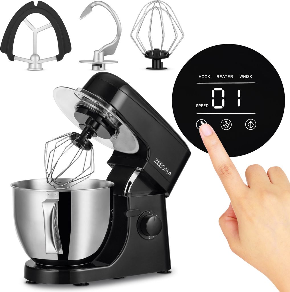 A black ZEEGMA kitchen mixer with a stainless steel bowl and various attachments is shown, with a hand interacting with its digital display.