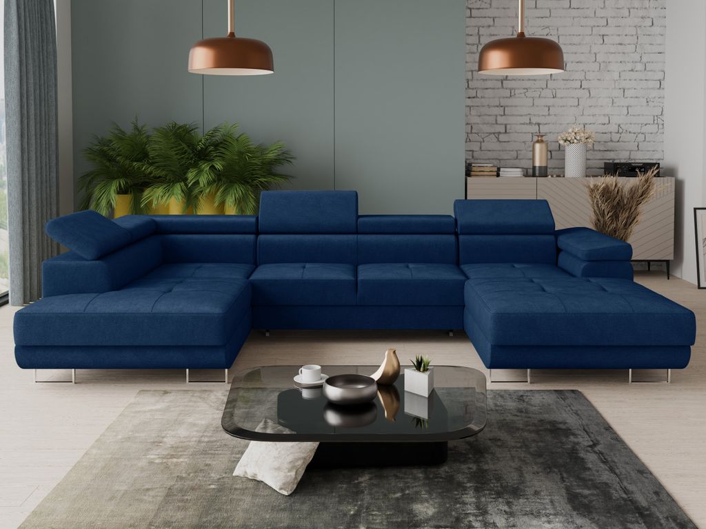 Wohnlandschaft Caris U mit Schlaffunktion und einstellbare Kopfstützen, Ecksofa mit zwei Bettkästen, Couch, Sofa, Bettsofa (Blau (Kronos 09), Eck...