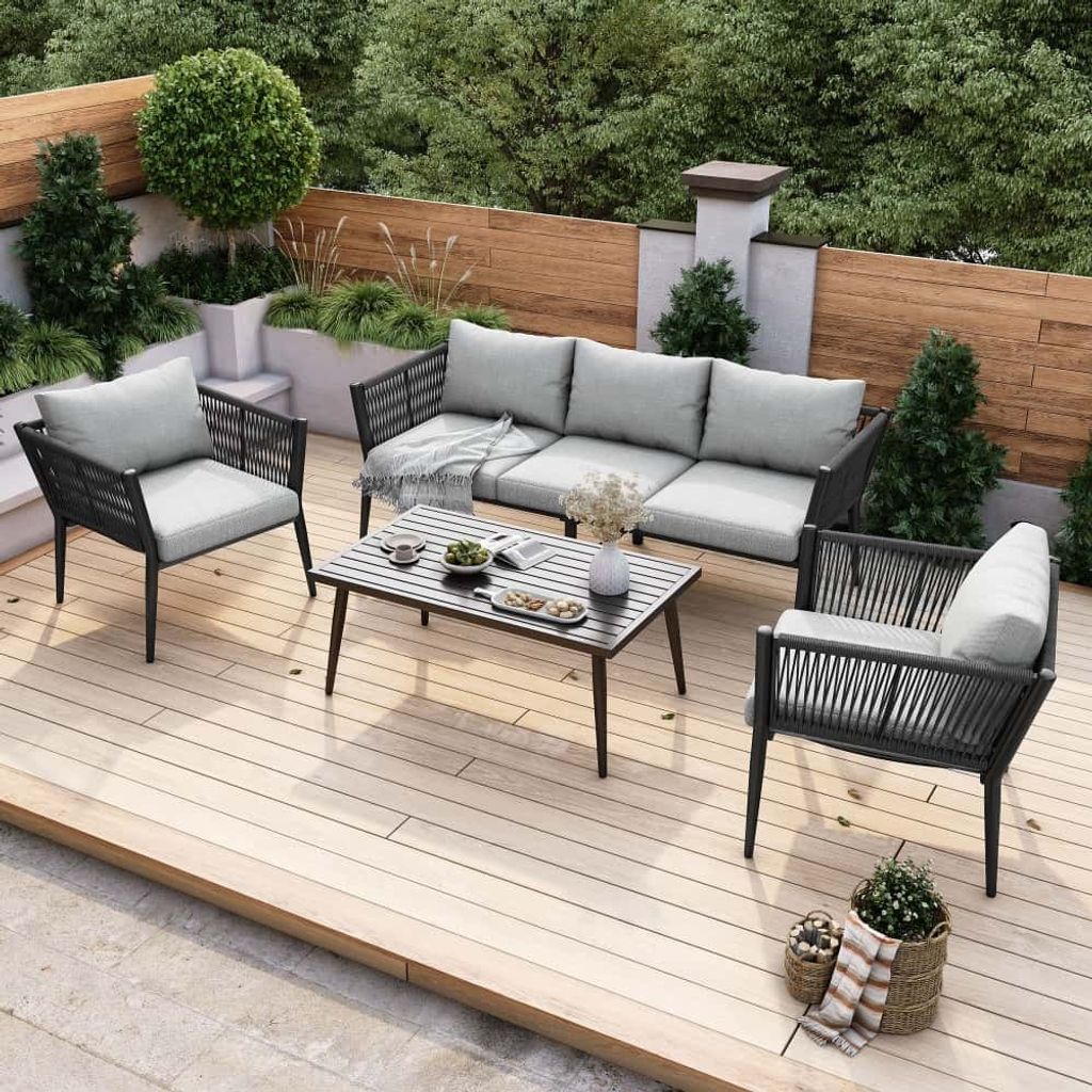 AIORBER Gartenmöbel Set, mit 3er Sofa, 2 Sessel und Tisch, Outdoor Sitzgruppe aus verzinktem Stahl, für Gärten, Terrassen,173,5x67x63cm, Grau
