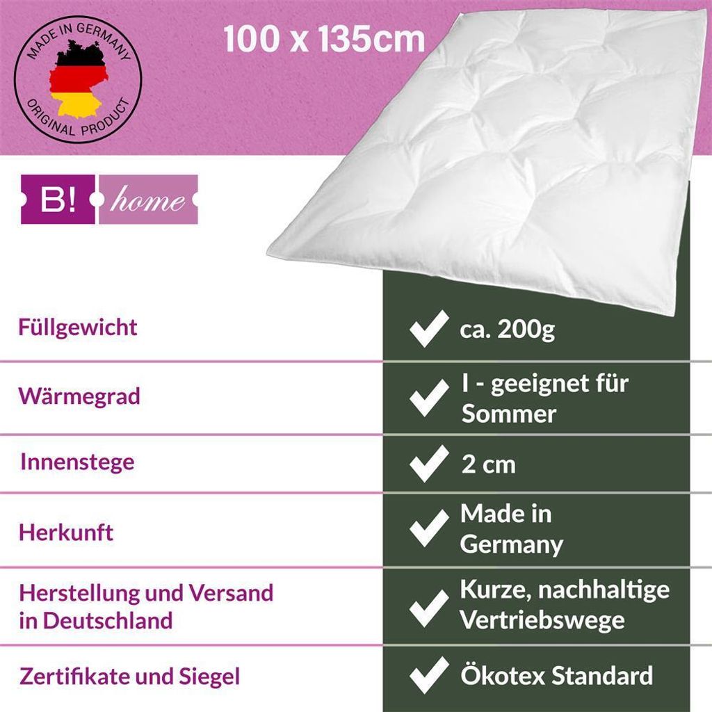 Bettdecke B!HOME mit 100% Daunen : 100 x 135 cm : Sommer Produktbild 2