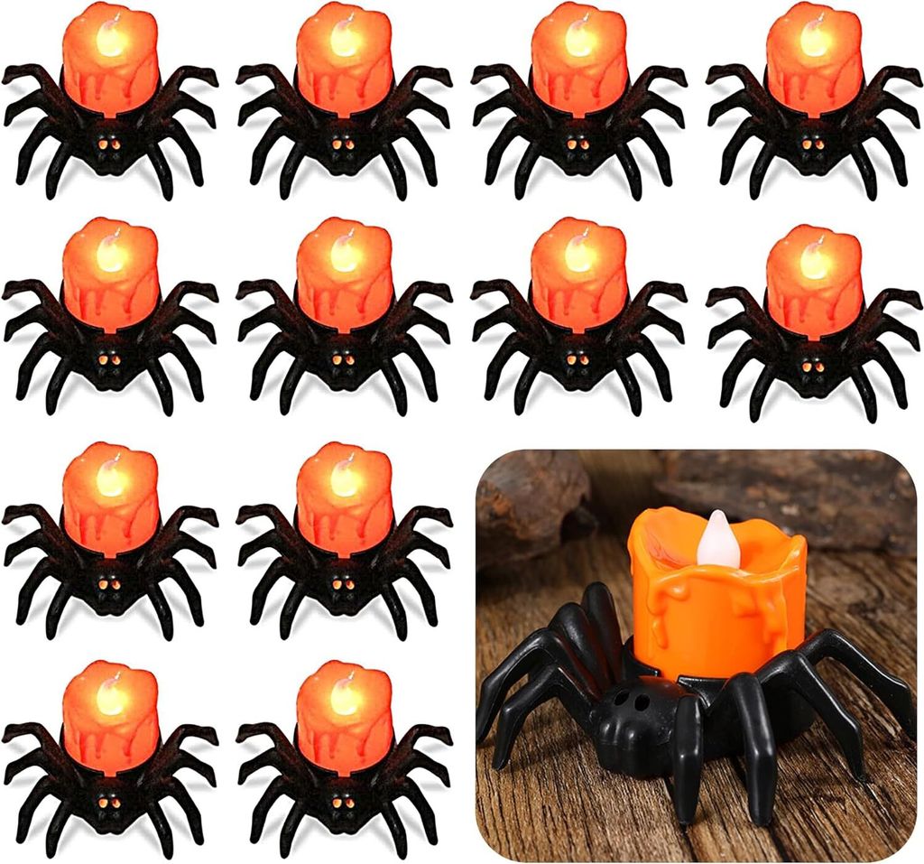 A collection of 12 spider-shaped LED candles arranged in rows on a white background, with one candle shown in detail in the lower right corner on a wooden surface.