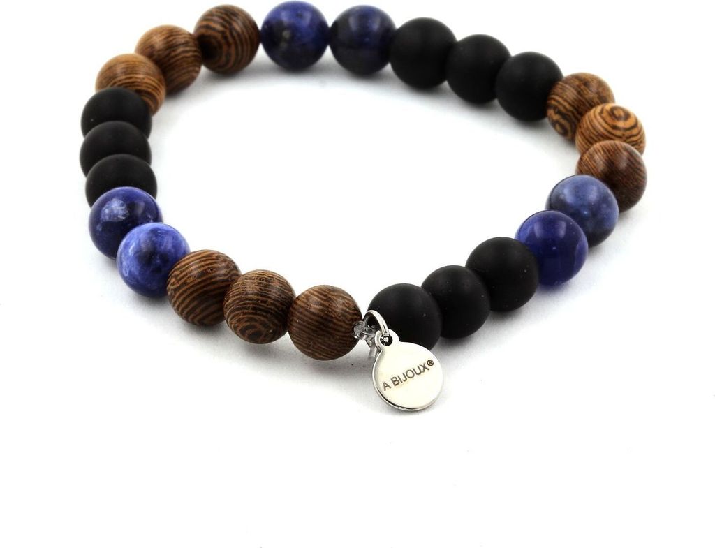 Armband Sodalithperlen + Mattschwarzer Onyx + Holz 8 mm