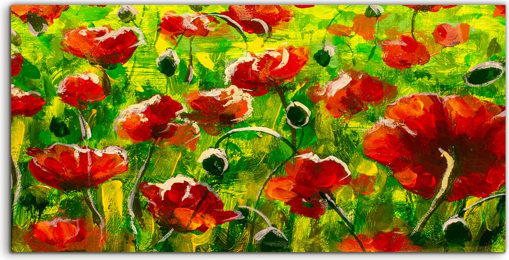 Coloray - Glasbild - 120x60 cm - Wandbild - Glasbilder - Mohnfeld und Berge Impressionismus
