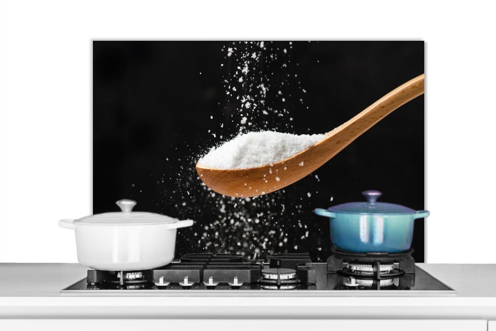 KitchenYeah Spritzschutz Küche - Küchenrückwand - Wandschutz für Herd und Spüle - Besprengter Holzlöffel 80x55 - Alu-Dibond (Alternative zu...