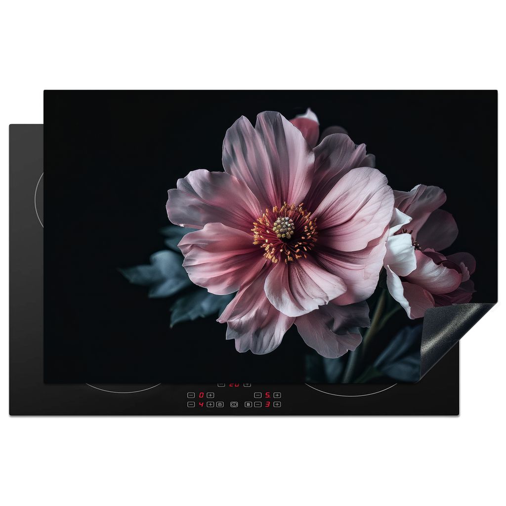 KitchenYeah Herdabdeckplatte Blume - Rosa - Botanisch - Schwarz - Stillleben - Natur , 81x52cm, Küche Deko, Glaskeramikkochfeld Herdabdeckung, A...
