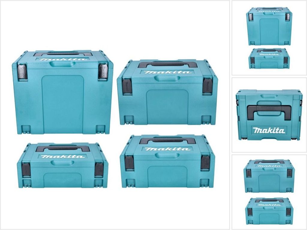 A collage of several teal Makita Makpac transport boxes of different sizes.