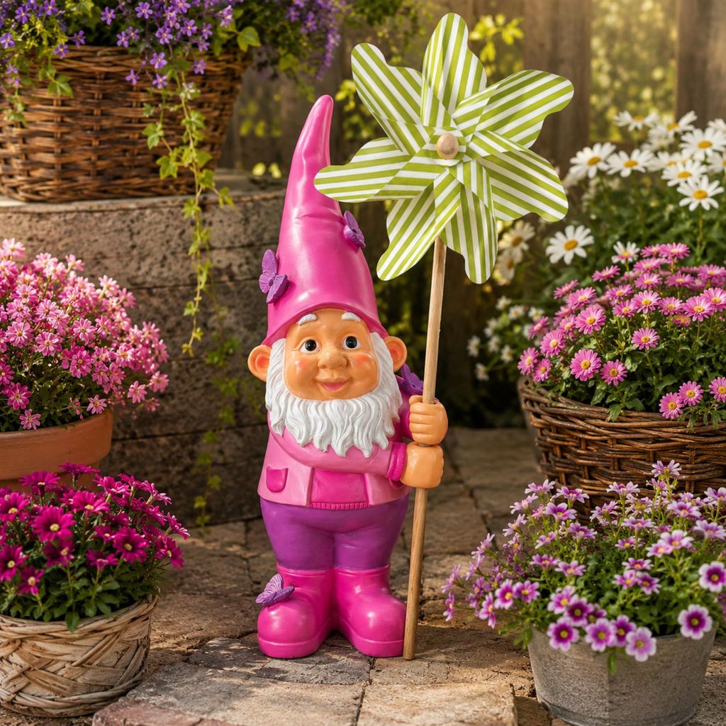 Gartenzwerg mit Windmühle – Handbemalte Gartenfigur aus Produktbild 