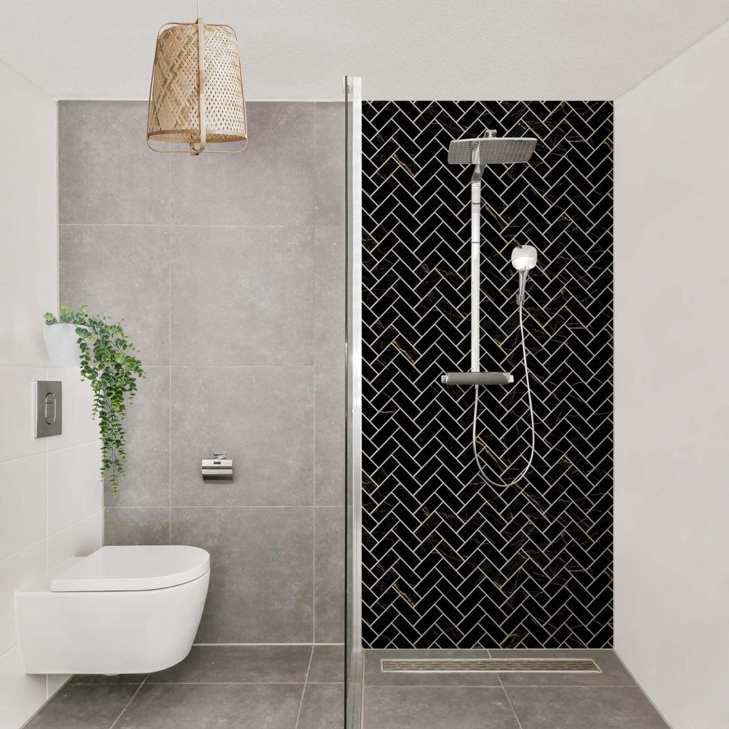 Duschrückwand mit Motiv selbstklebend - 0.61 mm Wandpaneel wasserfest Design schwarz Fliesenoptik Badrückwand fugenlos Premium matt 100x190 cm