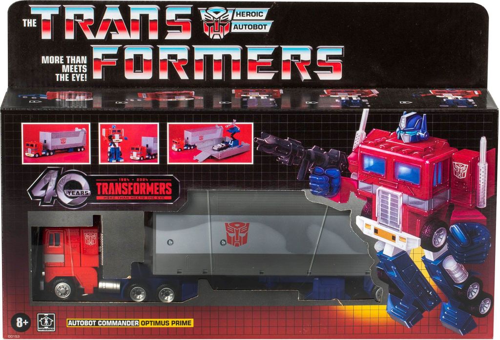 The image shows the packaging of a Transformers Optimus Prime action figure. The packaging is designed to display the product prominently, with the robot figure and its vehicle mode visible.