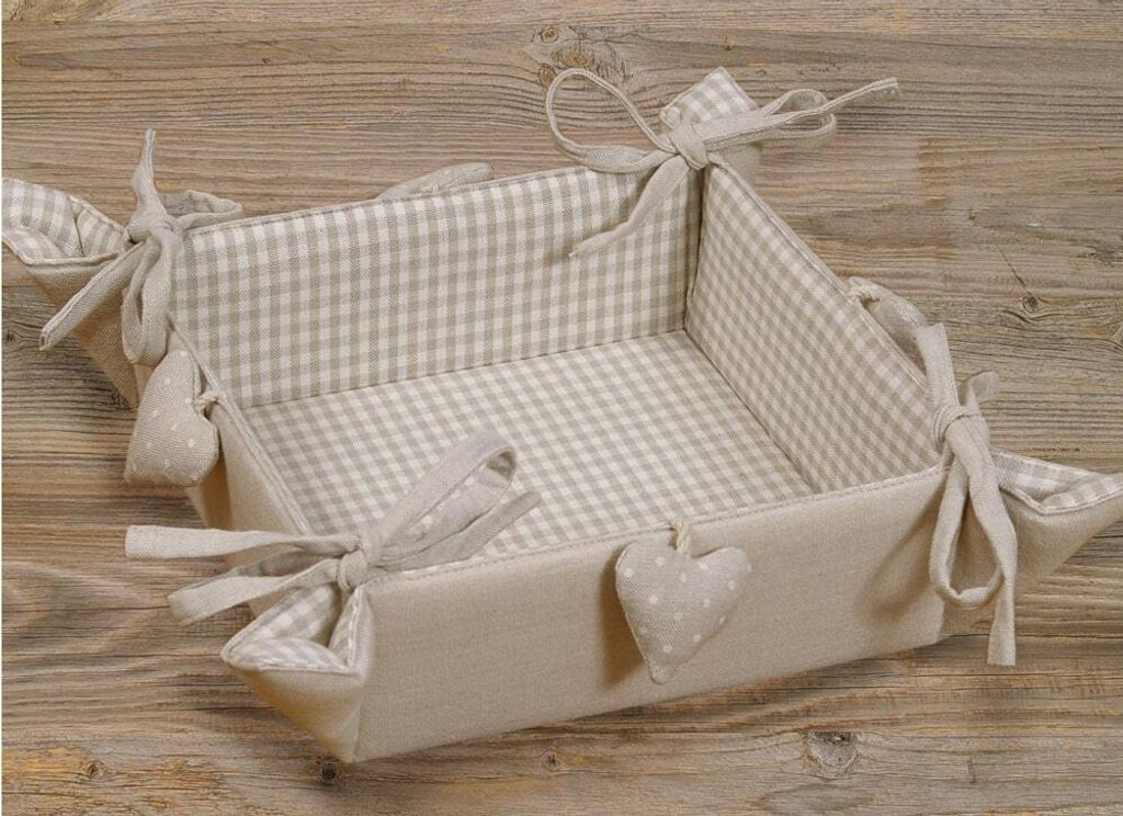 Brotkorb aus Stoff LINA Beige, kariert & Herzen, in 20x20 cm