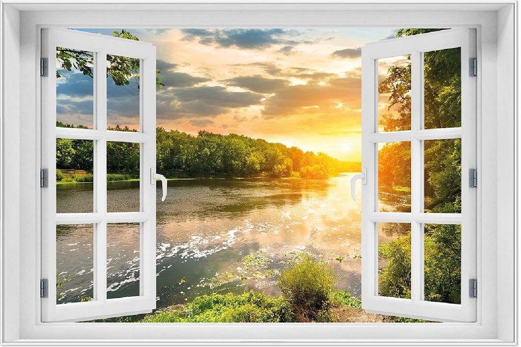 Wallario Wandbild mit Fenster-Illusion: Sonnenuntergang am Fluss in grüner Umgebung, Größe: 61 x 91,5 cm, Poster mit weißem Aluminiumrahmen