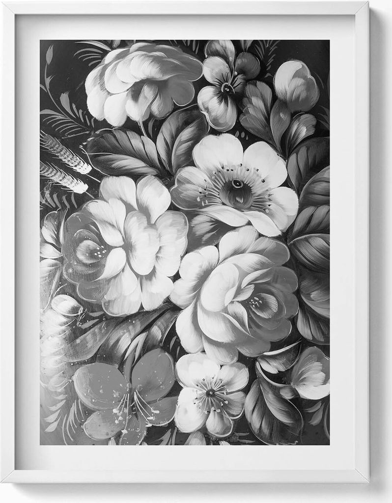 Schwarze und weiße Blumen– Wandbild mit Rahmen – Gerahmtes Bild – Wanddekoration – 60x80 cm – Weiß Rahmen