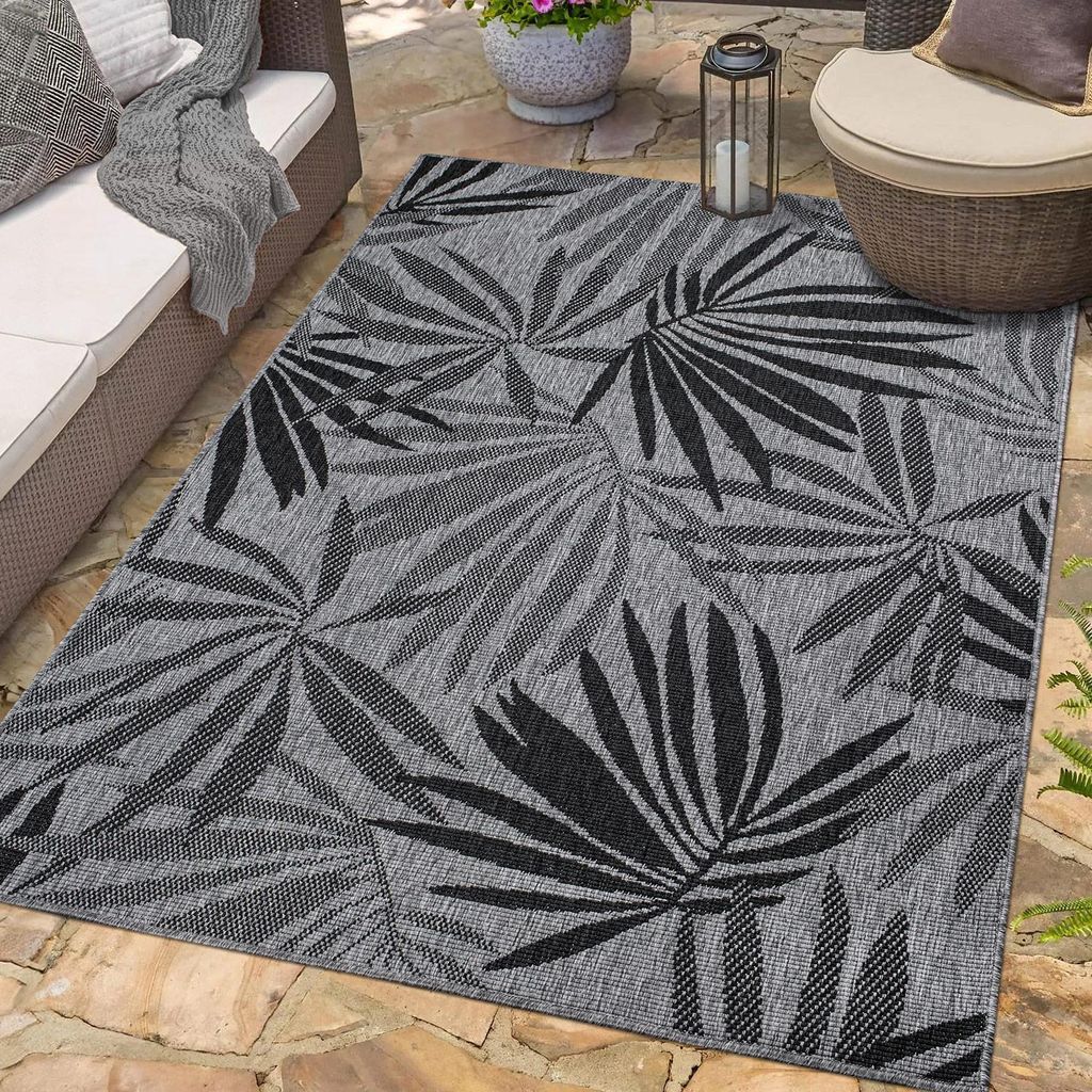 Teppich Outdoor Wetterfest - Anthrazit, Grau - Wendeteppich - 160x230 cm - Florales Muster