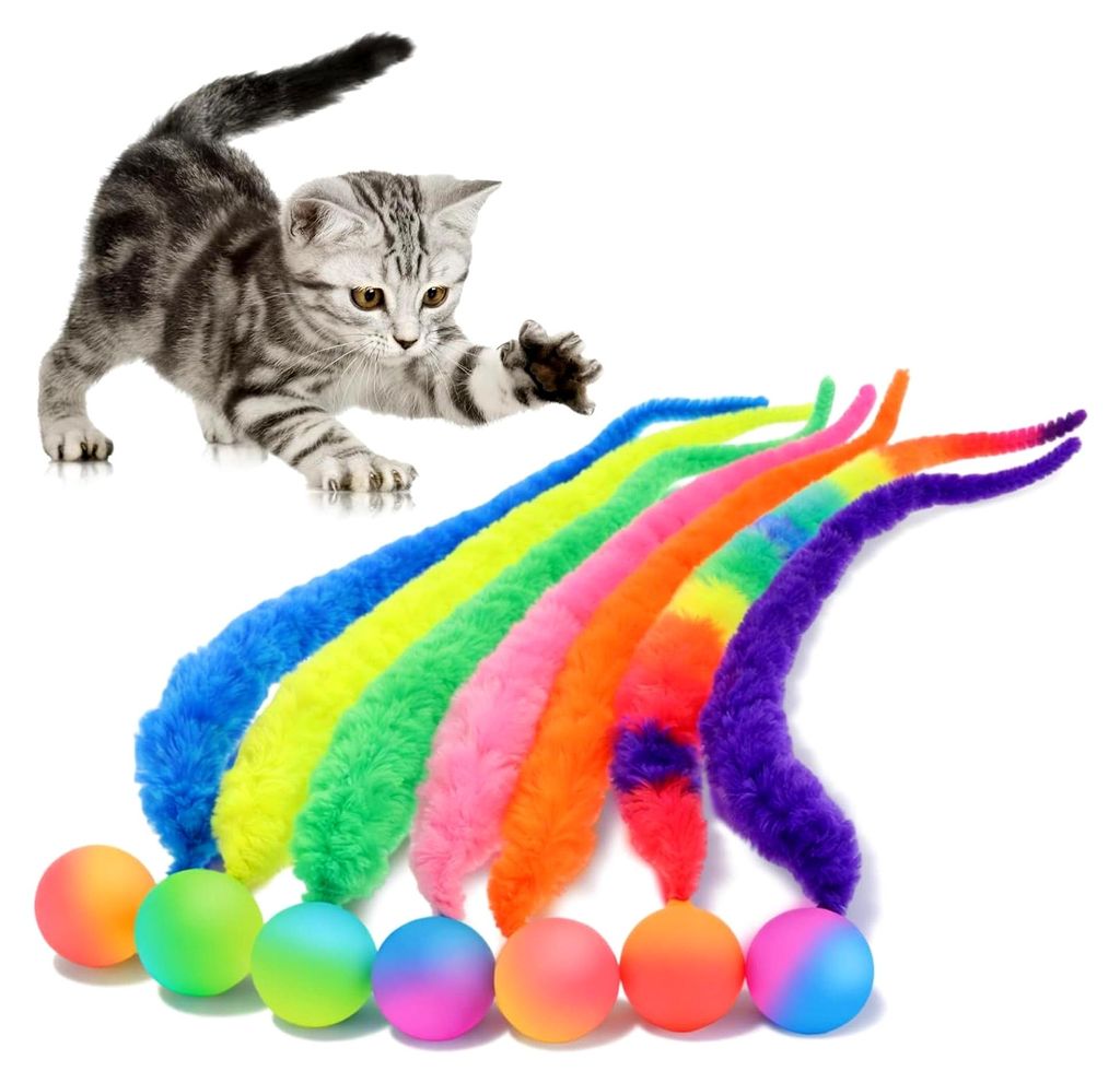 7-teiliges Katzenspielzeug-Set mit Wurm und Hüpfball, interaktive, flauschige Würmer für Katzen, bunte Zauberwürmer mit Schwanz