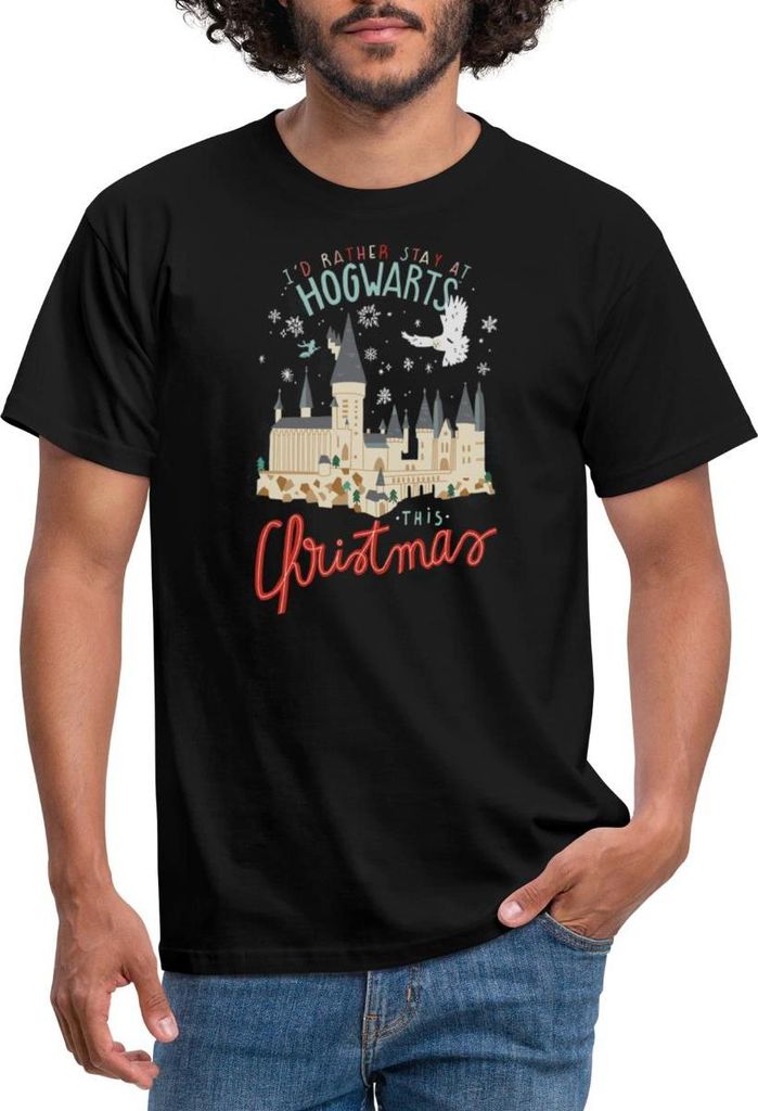 Spreadshirt Harry Potter Lieber In Hogwarts Bleiben Weihnachten Männer T-Shirt, 4XL, Schwarz