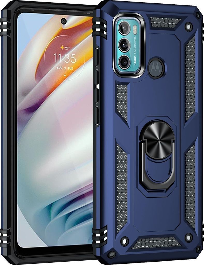 Mobigear Armor Ring Motorola Moto G60 Hülle Hardcase Backcover Stoßfest mit Ringhalter - Blau