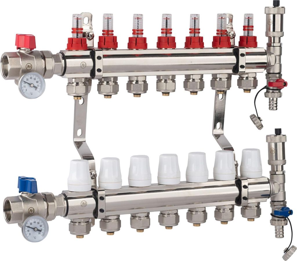 AQUA HEATING Heizkreisverteiler Für Fußbodenheizung 7 Heizkreise 10 Bar Verteiler Set Gerades Ventil PEX Verbinder