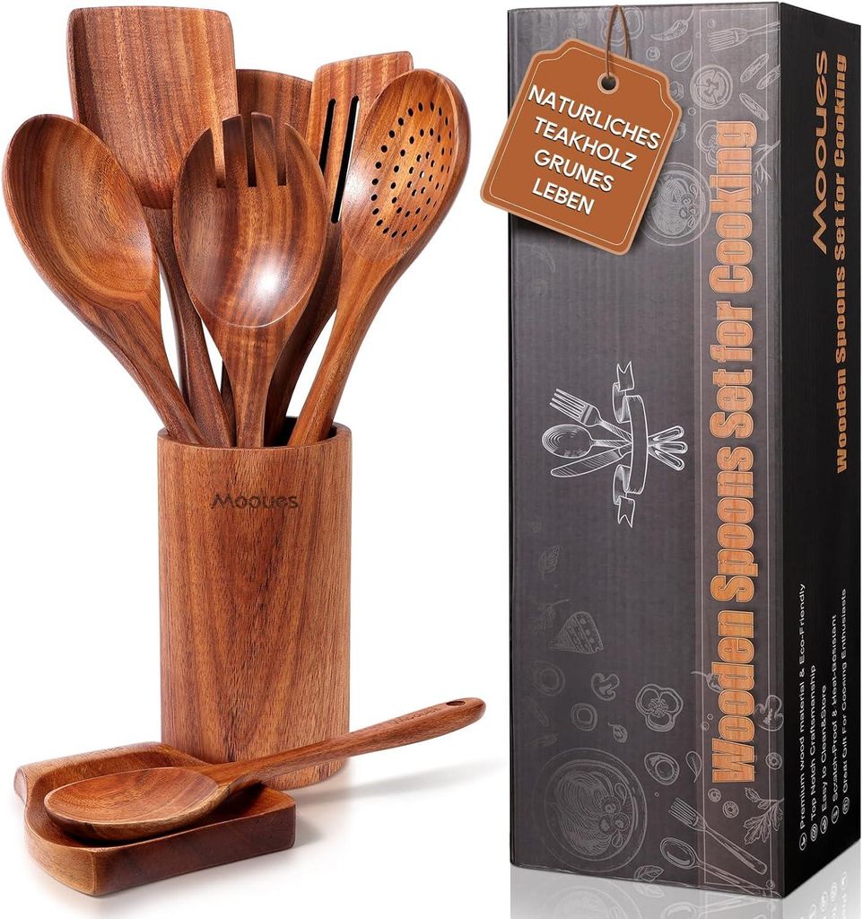 Kochlöffel Holz Set aus natürliches Teakholz, 9 Stück Produktbild 