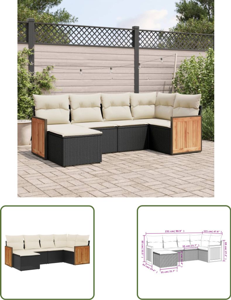 The Living Store 6-tlg. Garten-Sofagarnitur mit Kissen Schwarz Poly Rattan