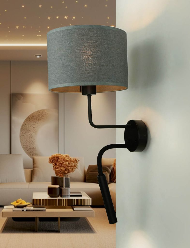 Wandlampe Grau Schwarz flexibler Lesearm Stoffschirm groß HOTEL Leseleuchte Bett Schlafzimmer