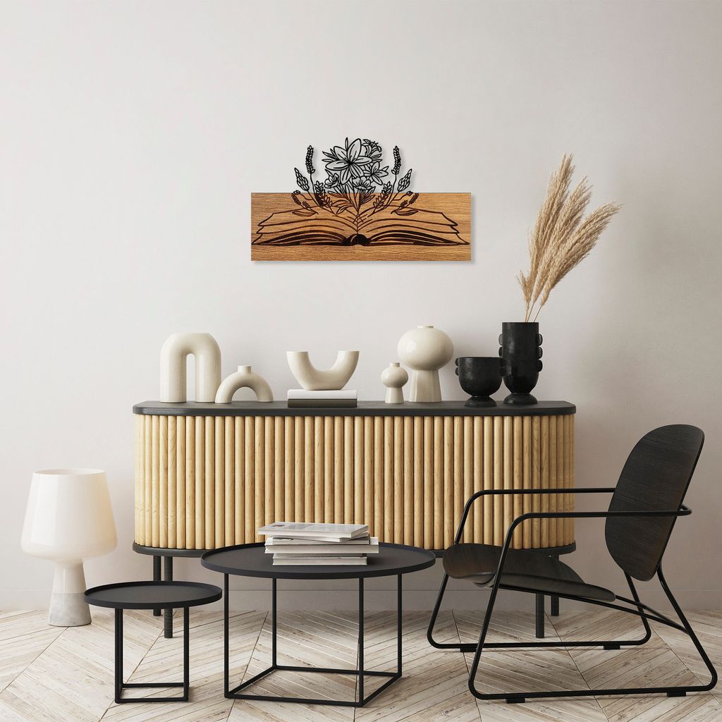 Wallity, Flower- SKL2411, Nussbaumfarbe,Schwarz, Sonstige WohnNachbildungationen, 58 x 33 cm, 50% Holz (Dicke: 3 cm) / 50% Metall